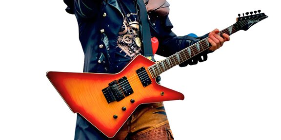 A rock musician in a striking outfit plays an electric guitar. He points his finger directly at the camera and radiates energy. - WIDIVERSUM Familienfest