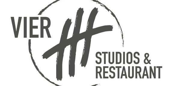 A logo of "VIER Studios & Restaurant". It features the lettering in a modern font with a stylized symbol. - VIER - Studios & Restaurant - Längenfeld