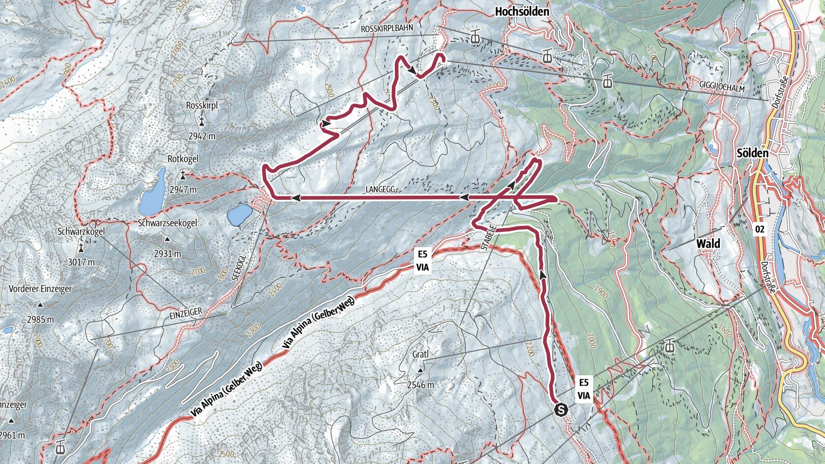 Seilbahnwanderung: Gaislachkoglbahn Mittelstation - Hühnersteign - Sesselbahn Langegg - Rotkoglhütte - Giggijochbahn - Sölden