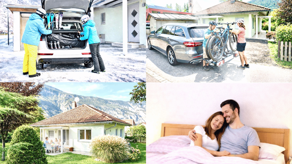 Ein Mietwagen wird mit Skiausrüstung für einen Ausflug beladen. In der unteren Ecke verbringen ein Paar entspannt Zeit im Schlafzimmer eines gemütlichen Hauses. - Ferienhaus Neurauter - Haiming