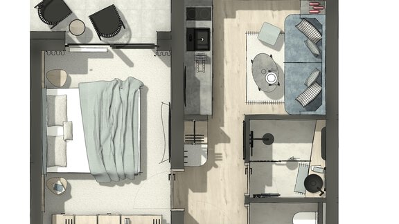 A modern apartment with one bedroom and a living area. The space is functional and stylishly furnished. - ViVo Hochsölden 2.090 m - Hochsölden