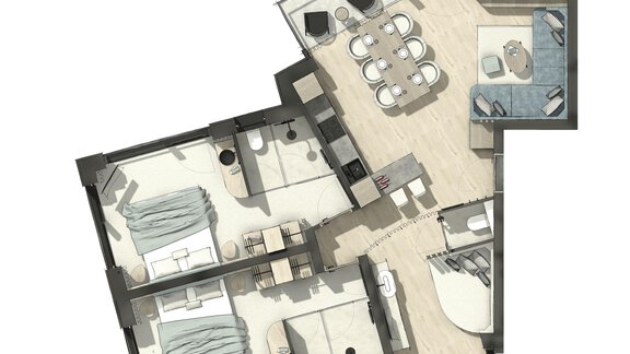 A floor plan drawing of an apartment with two bedrooms and an open living area. The space includes a dining area and a modern kitchen. - ViVo Hochsölden 2.090 m - Hochsölden