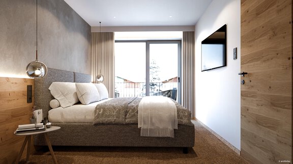 A modern bedroom with a cozy bed and large windows. The room has a warm wood look and is bright and inviting. - ViVo Hochsölden 2.090 m - Hochsölden