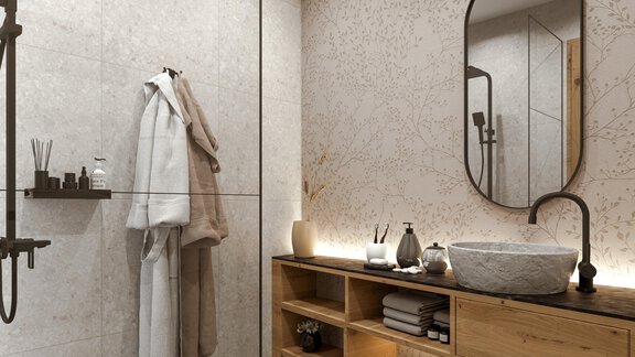 A modern bathroom with a glass cubicle and elegant tiles. It features a wooden shelf and a sink with matching accessories. - ViVo Hochsölden 2.090 m - Hochsölden