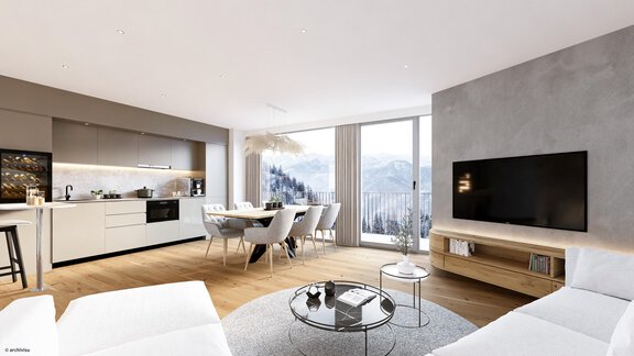 A modern apartment with bright furnishings and a large window that offers a view of the mountains. The living area is cozy and invitingly designed. - ViVo Hochsölden 2.090 m - Hochsölden