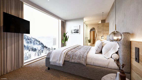 A modern bedroom with a large window that offers a view of snow-covered mountains. The furnishings are elegant and cozy, with a large bed and stylish details. - ViVo Hochsölden 2.090 m - Hochsölden