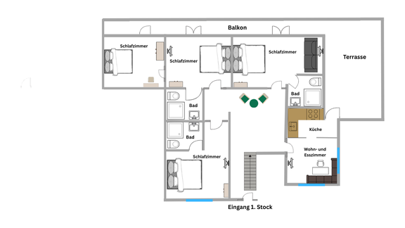A floor plan of an apartment on the first floor. The apartment features a bedroom, a living room, a kitchen, a bathroom, and a balcony. - Apart Alessandro - Huben