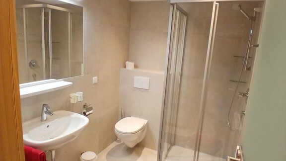 Ein modernes Badezimmer mit Dusche, Waschbecken und WC. Rote Handtücher und dezente Beleuchtung sorgen für eine einladende Atmosphäre. - Appartement Erich Wilhelm - Huben
