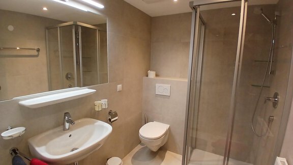 Ein modernes Badezimmer mit Dusche und Waschbecken. Die Wände sind in neutralen Farben gehalten und es gibt einen großen Spiegel. - Appartement Erich Wilhelm - Huben