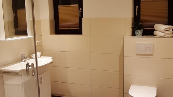 A modern bathroom with dark tiles. It features a shower, a sink, and a toilet. - Berghaus Praxmarer - Huben