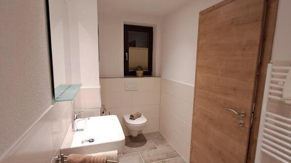 A modern bathroom with light walls and gray tiles. There is a sink, a toilet, and a wooden interior door. - Berghaus Praxmarer - Huben