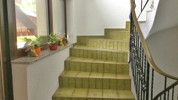 Ein heller Treppenaufgang mit grünen Fliesen und einer geschwungenen Eisenhandlauf. Auf dem Fensterbrett stehen bunte Pflanzen. - Haus Max - Huben