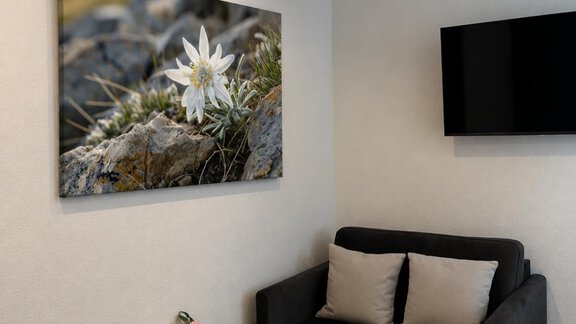 Ein modernes Wohnzimmer mit einem schwarzen Sofa und einem Holztisch. An der Wand hängt ein Bild einer weißen Blume, und ein Fernseher ist ebenfalls zu sehen. - ONO Apartments - Huben