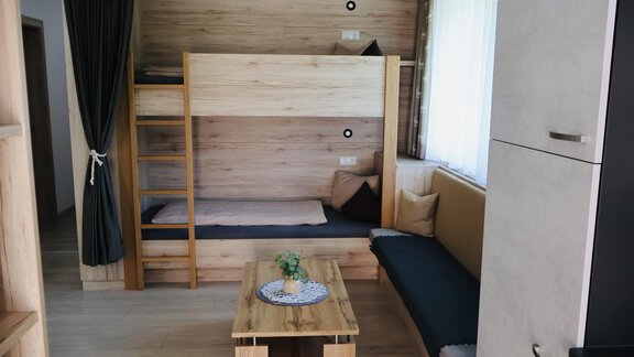 A modern room with a bunk bed and a cozy seating area. Large windows provide plenty of daylight and a warm atmosphere. - Apart Katja - Längenfeld