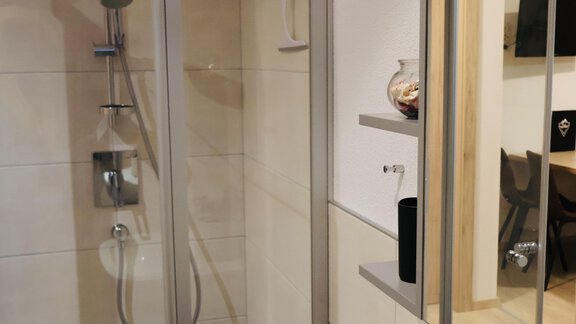 A modern bathroom with a glass shower and elegant tiles. The space is bright and well-equipped with a sink and mirror. - Apart Katja - Längenfeld