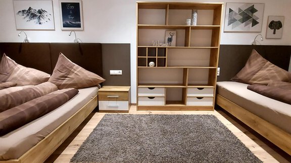 A cozy room with two single beds and wooden shelves. The walls are decorated with pictures, and there is a carpet on the wooden floor. - Apart Montis - Längenfeld