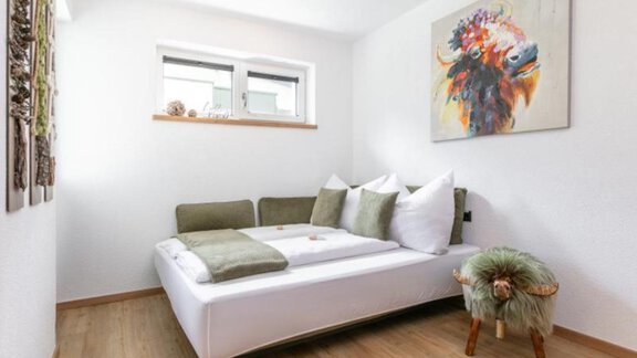 A modern room with a white bed and colorful cushions.  
A colorful piece of artwork hangs on the wall. - Apartment DoLa - Längenfeld