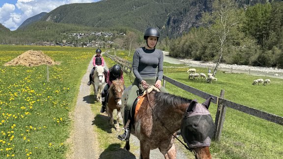 Eine Reitgruppe mit mehreren Pferden wandert einen Weg entlang, umgeben von einer grünen Wiese und Bergen im Hintergrund. Der Himmel ist blau mit einigen Wolken. - Appartement am Sonnhof - Längenfeld