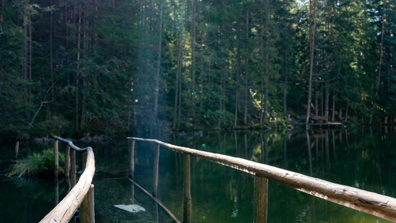 A wooden bridge spans over a clear lake, surrounded by tall trees. The sun shines through the treetops and reflects on the surface of the water. - Bauernhaus Auer - Längenfeld