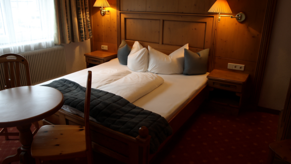 Ein gemütliches Schlafzimmer mit einem großen Bett und Holzdetails. Der Raum hat eine warme Beleuchtung und einen kleinen Tisch mit Stühlen. - Ferienhaus Schrankogelblick - Längenfeld