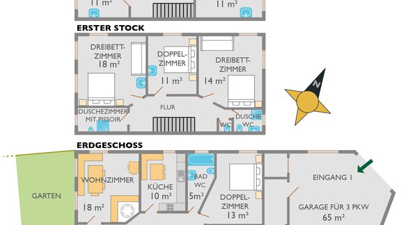 Eine Grundrisszeichnung eines Hauses mit drei Etagen. Der Garten ist auf der linken Seite abgebildet, und die einzelnen Räume sind klar markiert. - Ferienhaus Volgger - Längenfeld