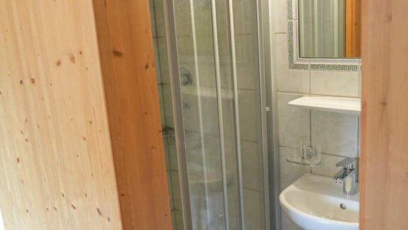 A small bathroom with a shower cubicle and a sink. The walls are tiled and there are wooden panels. - Hauertalerhof - Längenfeld