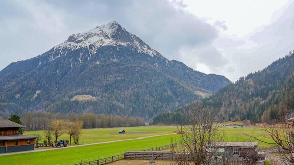 An impressive mountain landscape with a snow-capped peak and a green valley. In the foreground, meadows and buildings are visible. - Hauertalerhof - Längenfeld