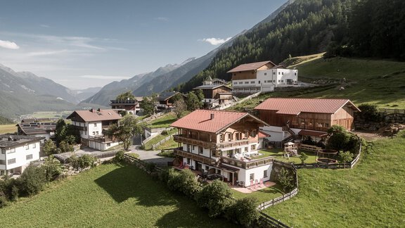 A peaceful mountain landscape with several traditional houses.  
Surrounded by green meadows and majestic mountains. - MYALPS Himmelreich - Längenfeld