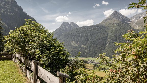 A beautiful mountain landscape with high mountains and a clear sky. In the foreground, green trees and a wooden fence are visible. - MYALPS Himmelreich - Längenfeld