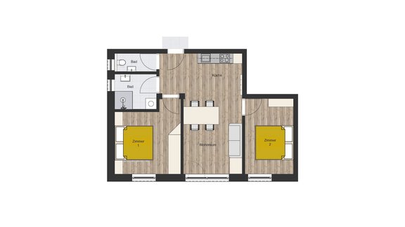 Eine Wohnung mit zwei Schlafzimmern und einem offenen Wohnbereich. Die Küche ist neben dem Essplatz angeordnet. - MYALPS Himmelreich - Längenfeld