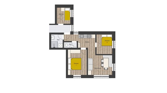 Eine moderne Wohnung mit zwei Schlafzimmern und einem offenen Wohnbereich. Die Küche ist mit einem Essbereich verbunden und bietet Zugang zum Badezimmer. - MYALPS Himmelreich - Längenfeld