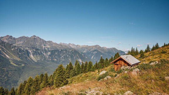 Eine idyllische Berghütte umgeben von einer grünen Wiese und hohen Bergen. Der Himmel ist klar und blau. - Apart Alpenflair - Niederthai
