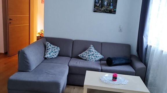 Ein gemütliches Wohnzimmer mit einer grauen Couch und einem kleinen Tisch. An der Wand hängt ein Bild, und das Fenster lässt viel Licht hereinfalle. - Apart Stefan - Niederthai