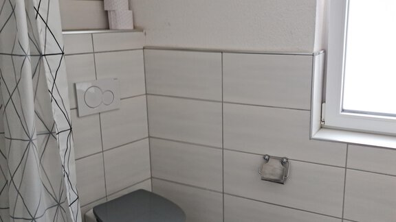 Ein schlichtes Badezimmer mit einer Toilette und einem Fenster. Der Boden ist mit gestreiften Badeteppichen dekoriert. - Apart Stefan - Niederthai
