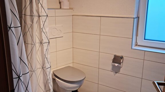 Ein kleines Badezimmer mit einer Dusche und einem WC. Die Wände sind gefliest und es gibt einen Fenster mit Tageslicht. - Apart Stefan - Niederthai