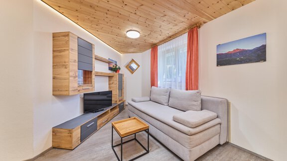 A modern living room with a light gray sofa and a wooden shelf. Large windows let in a lot of light and the walls are painted in warm tones. - Appartement Lea - Niederthai
