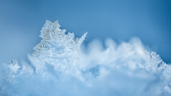 A close-up of ice crystals on a snow-white surface. The cool blue tones give the image a frosty atmosphere. - Appartement Lea - Niederthai