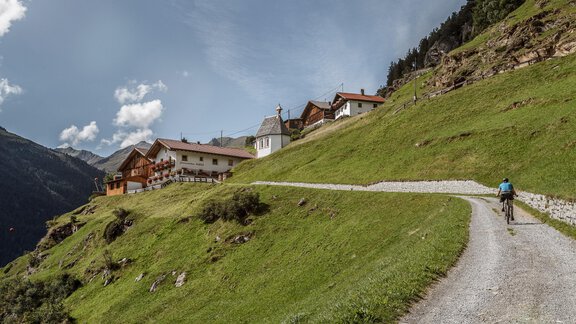 A picturesque mountain landscape with green meadows and cozy chalets. A cyclist is riding on a gravel path. - Appartement Lea - Niederthai