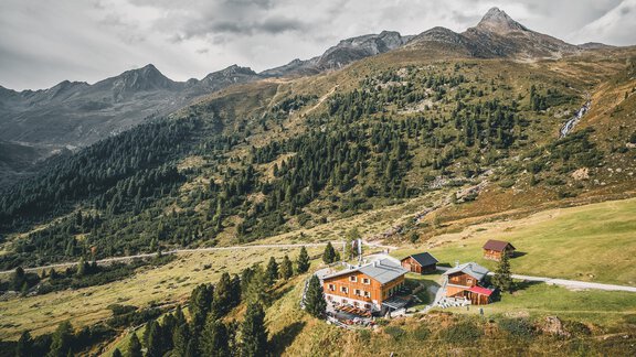A picturesque mountain landscape with green meadows and high mountains in the background. In the center stands a cozy building, surrounded by trees and a clear sky. - Appartement Lea - Niederthai