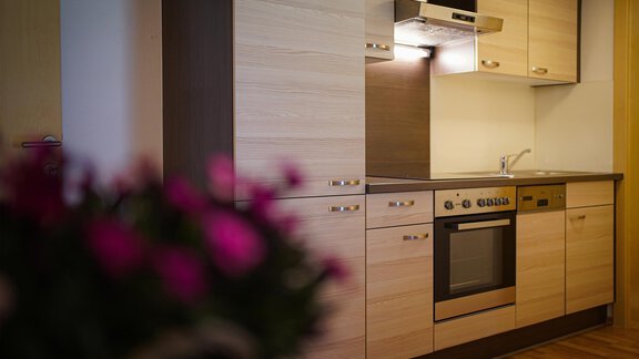 Eine moderne Küche mit hellen Holzfronten und Edelstahlgeräten. Im Vordergrund sind verschwommene Blumen zu sehen. - Sonnenhof - Niederthai