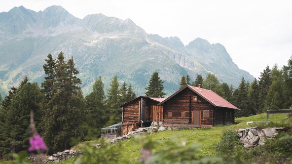 A rustic wooden cabin amidst a green landscape. Majestic mountains rise in the background. - Chalet Cecilia by MYALPS - Obergurgl 