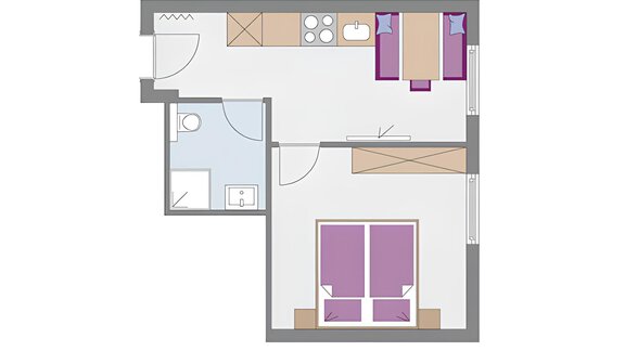 A simple floor plan drawing of an apartment. It shows a living area, a bedroom, and a bathroom. - Haus Timmelseck - Obergurgl 
