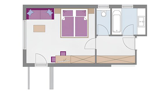 A schematic representation of an apartment. The rooms are arranged simply and functionally, including a bedroom, a bathroom, and a living area. - Haus Timmelseck - Obergurgl 