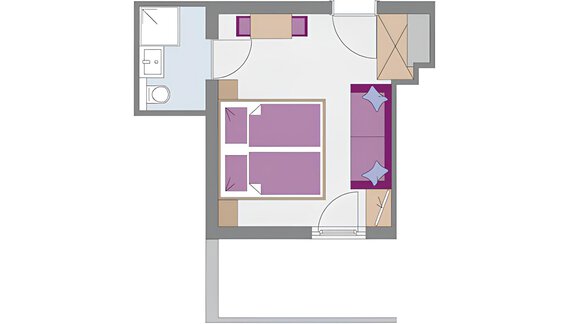 A simple room layout with two beds, a couch, and a bathroom. The furniture is arranged in a modern and functional way. - Haus Timmelseck - Obergurgl 