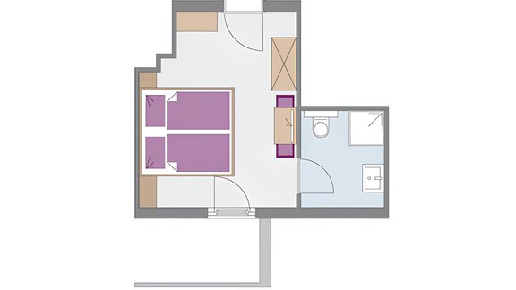 A schematic representation of an apartment with two bedrooms and a bathroom. The rooms are clearly structured and connected by a door to the entrance area. - Haus Timmelseck - Obergurgl 