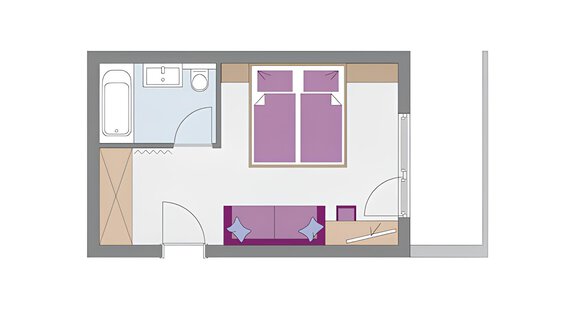 A simple floor plan drawing of a room with a bedroom, a bathroom, and a living area. The room is designed in a modern style and uses light colors. - Haus Timmelseck - Obergurgl 