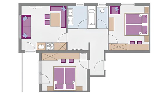 A floor plan of an apartment with two bedrooms, a bathroom, and a living area. The rooms are functionally arranged and color-coded. - Haus Timmelseck - Obergurgl 