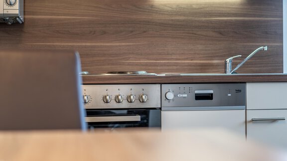 A modern kitchen with wood paneling and stainless steel appliances. The cooking area and sink are clearly visible, with pleasant lighting above the work surface. - Haus Timmelseck - Obergurgl 
