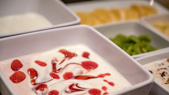A bowl of yogurt, decorated with red fruit sauces. In addition, various side dishes such as fruits and herbs are arranged in other bowls. - Hotel-Garni Pirchhütt - Obergurgl 