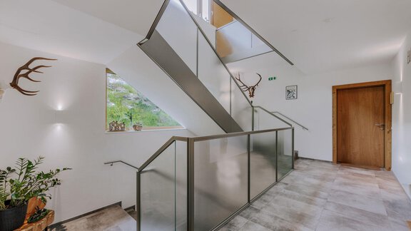 Ein moderner Flur mit einer eleganten Treppe aus Glas und Stahl. An den Wänden hängen Geweihstücke, und es gibt Fenster, die Tageslicht hereinlassen. - Apartment Waldesruh - Ochsengarten